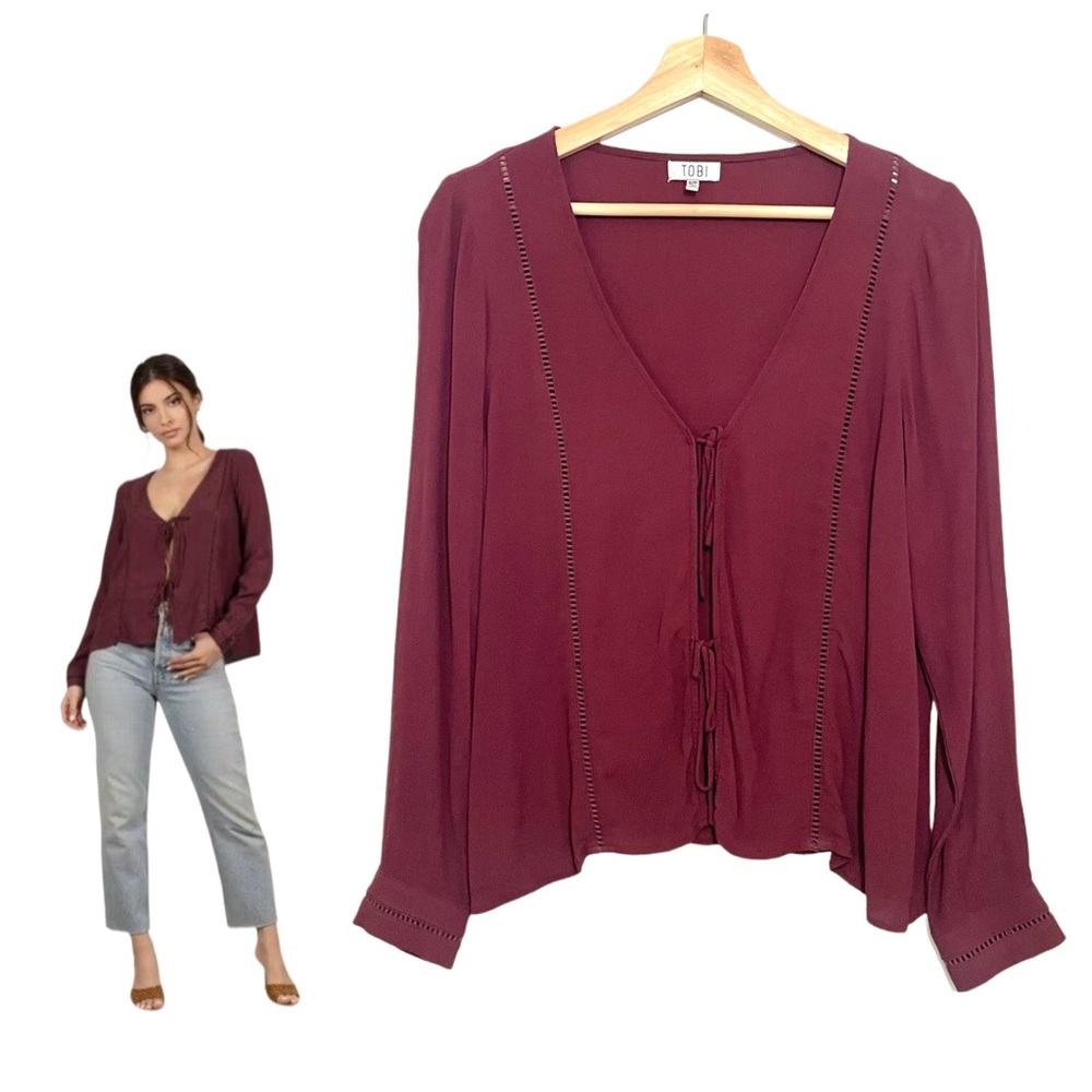 Tobi Rebecka Top Wine Casual Festival Tie Front Lightweight Small Boho